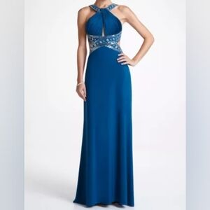 Sz 4 Y2K Vintage Betsy & Adam Dark Teal Backless Stretch Jersey Gown  Silver